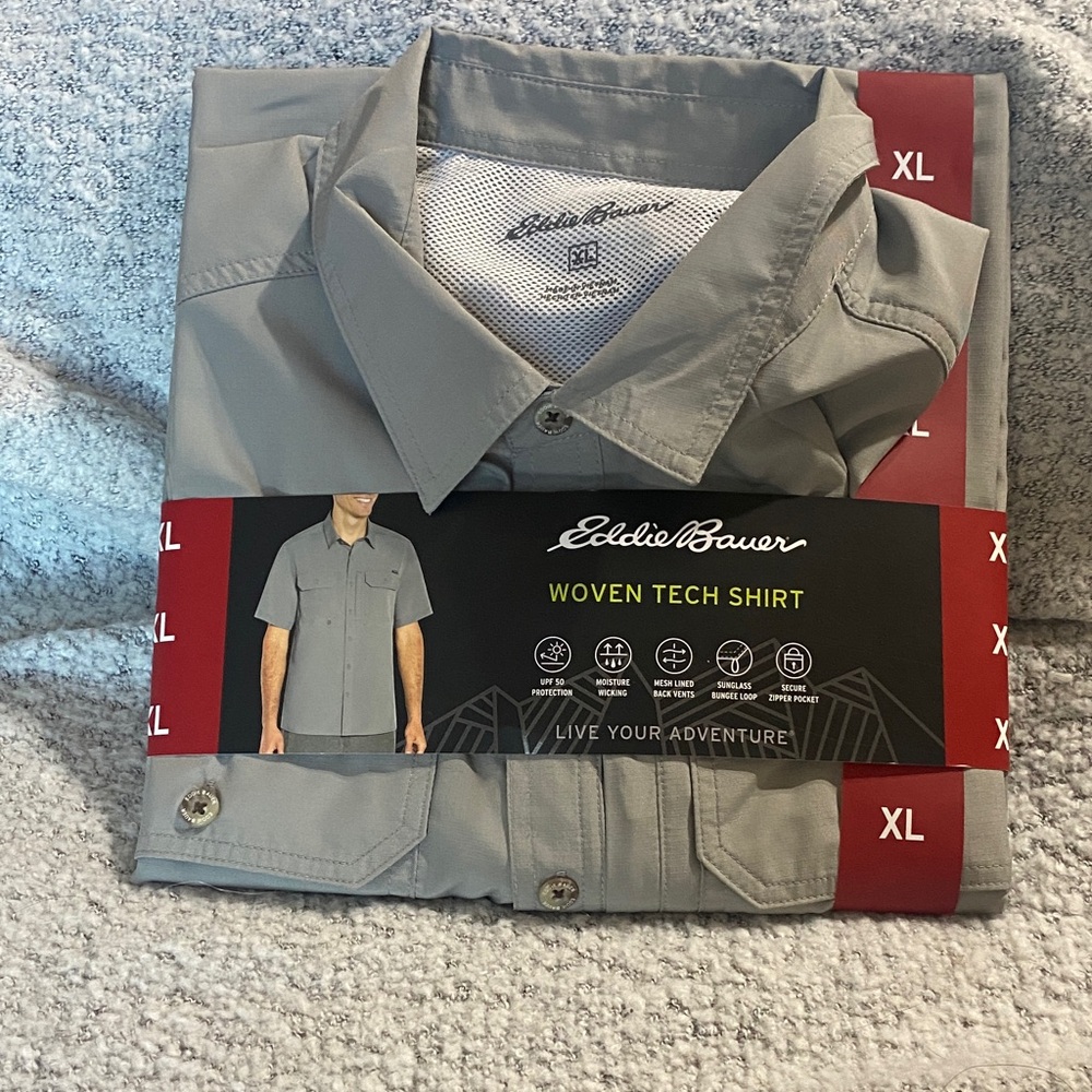 NWT Eddie Bauer Gray Woven Tech Shirt